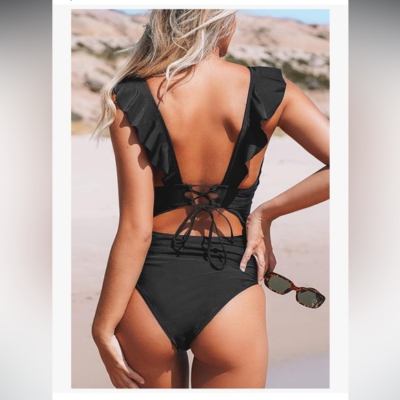 CUPSHE Women's V Neck One Piece Swimsuit Ruffled Back Lace Up Monokini Size S - Picture 4 of 13
